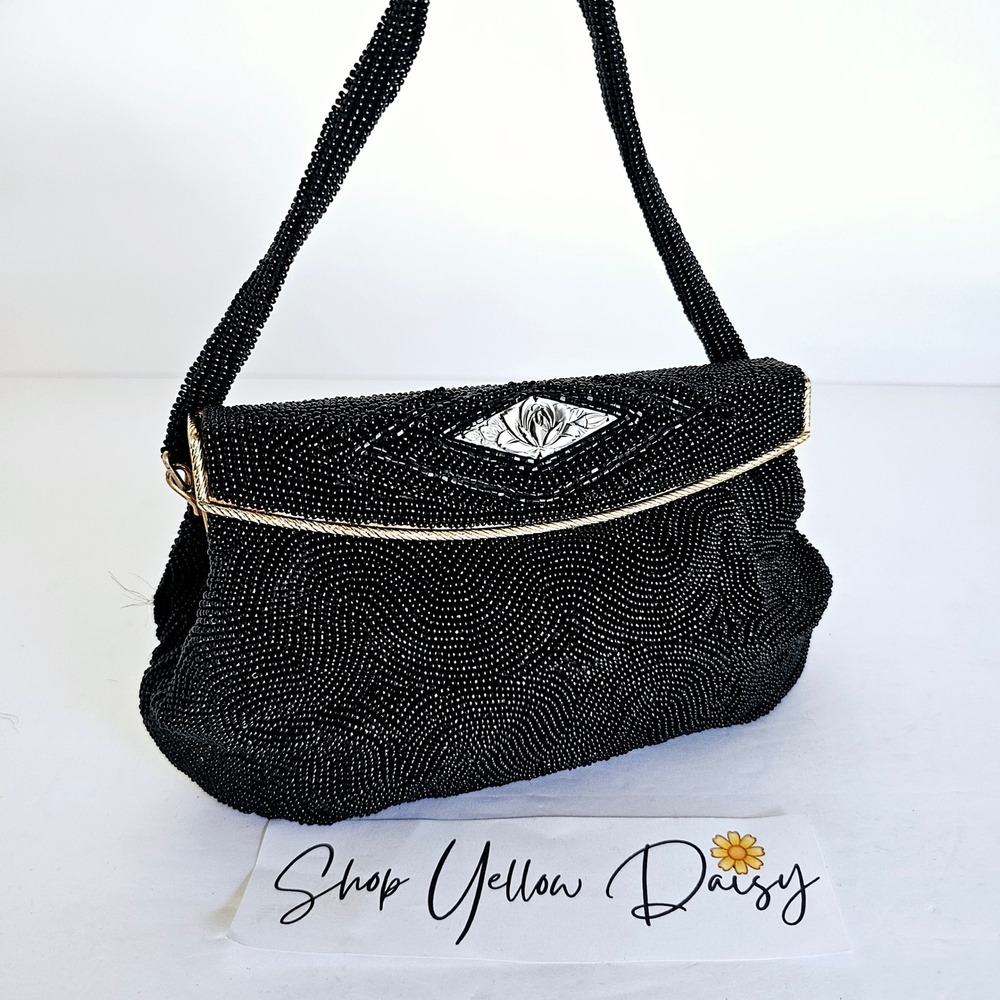 Vintage MCM Charlet Beaded Handbag Mother of Pearl Rose Inlay Black Evening Bag